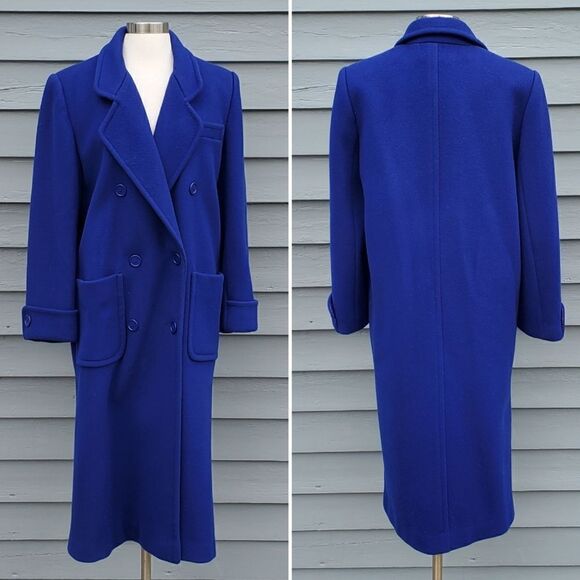 Vintage 80s Preppy Acadamia Royal Blue Virgin Wool Double Breasted Trench Coat 8 - Picture 1 of 6